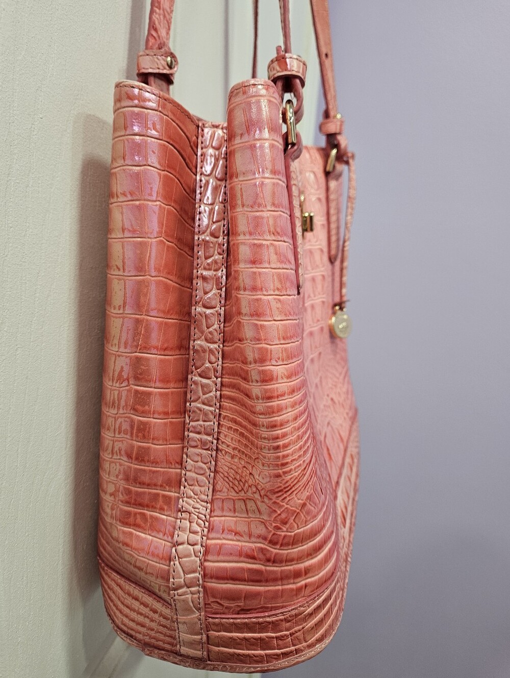 Brahmin Fiora Croc-Embossed Pink Bucket Bag - Picture 8 of 15